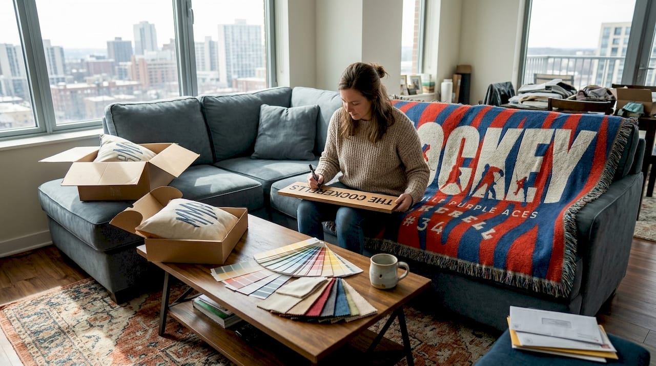 Woman personalizing family name sign in sunny living room