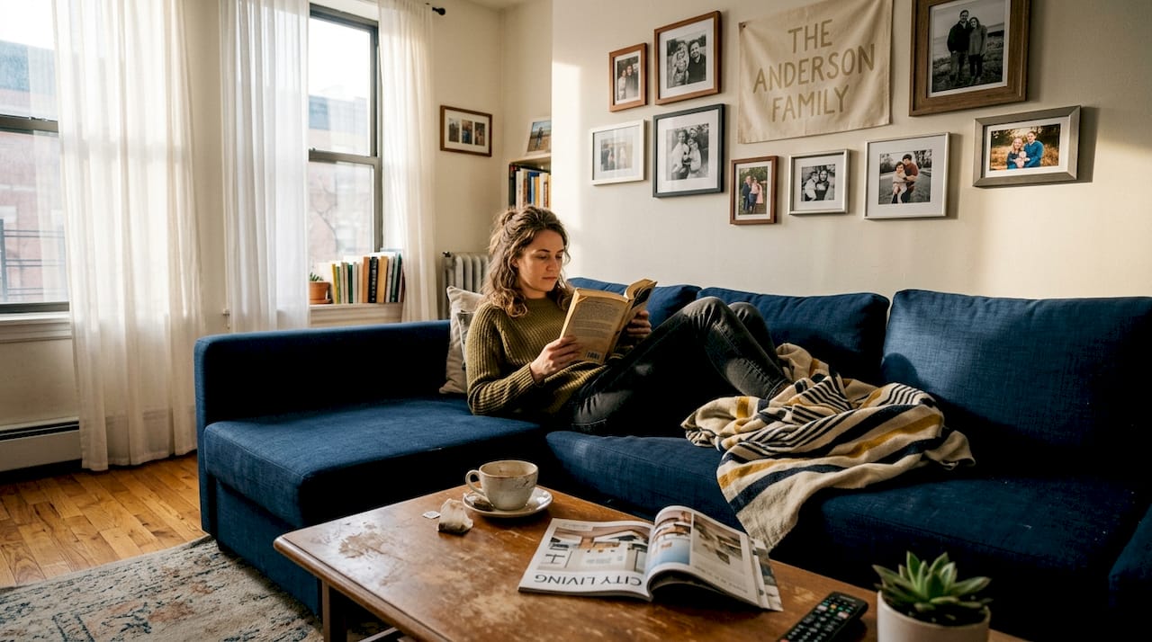 Woman relaxing in personalized living room