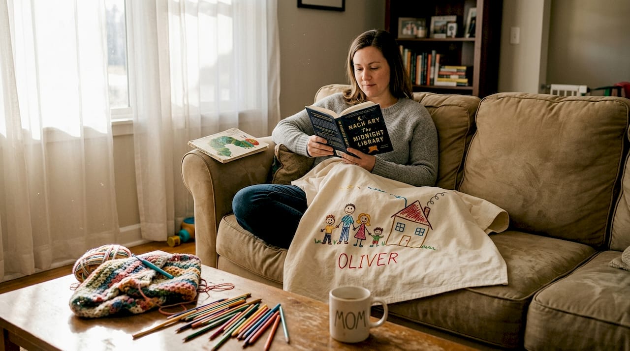 Woman reading with personalized embroidered blanket