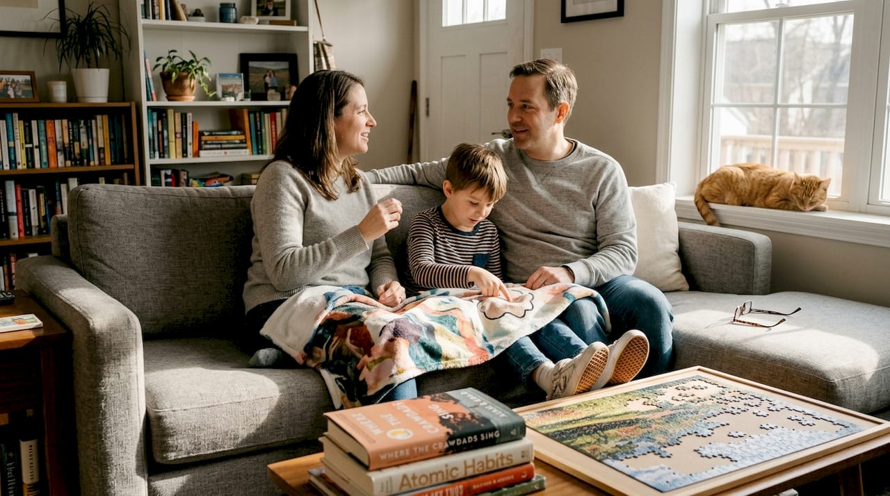 Family enjoying custom blanket in cozy living room