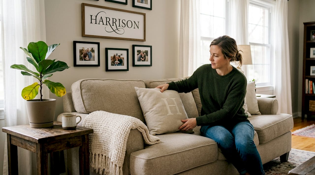 Woman adjusting custom pillow in cozy living room