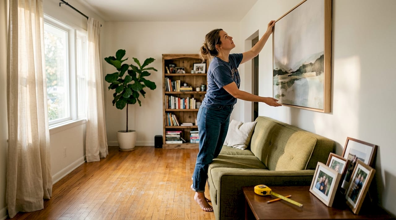Woman hanging canvas art in sunny living room
