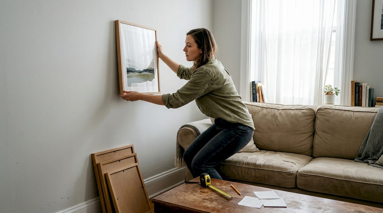 Woman adjusting wall art in living room