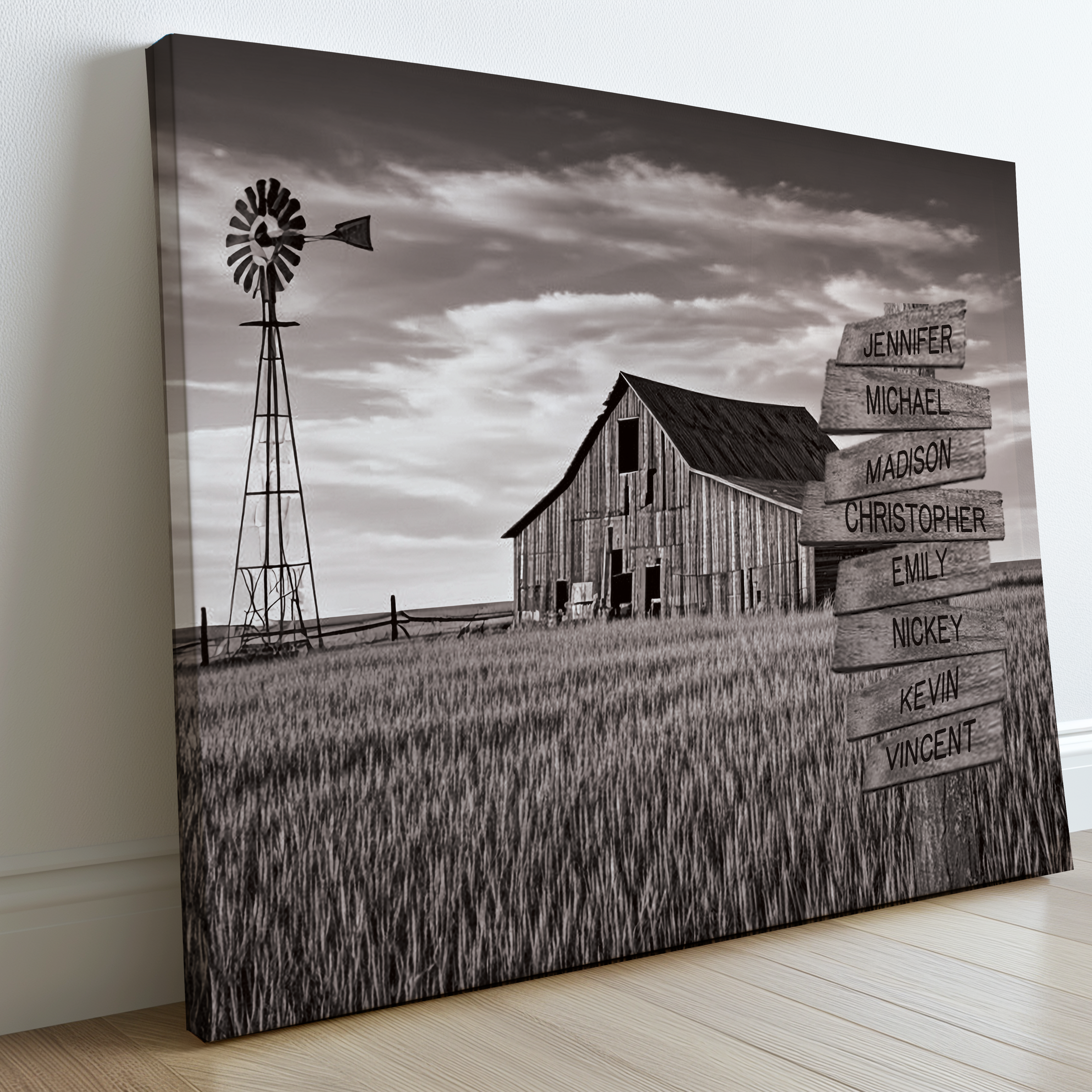 Barn Wheat Field - Multi-Names Premium Custom Canvas Wall Art Sitting on Wooded Floor next to wall. 
