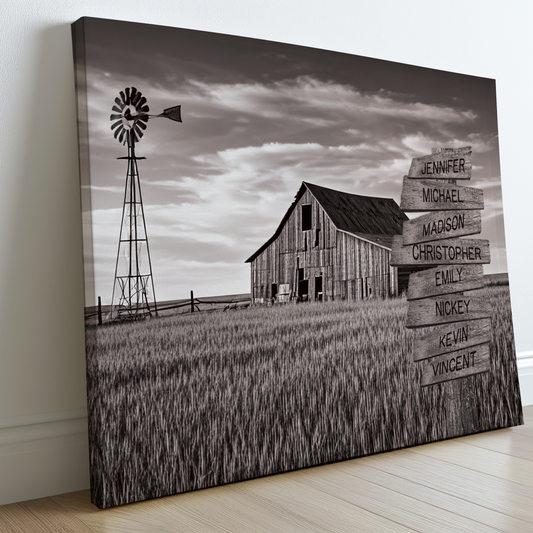 Barn Wheat Field - Multi-Names Premium Custom Canvas Wall Art Sitting on Wooded Floor next to wall. 