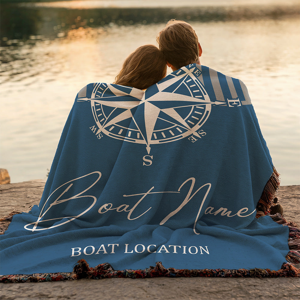 Personalized Nautical Compass Woven Blanket Custom Boat Name and Location Throw