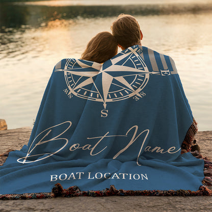 Personalized Nautical Compass Woven Blanket Custom Boat Name and Location Throw