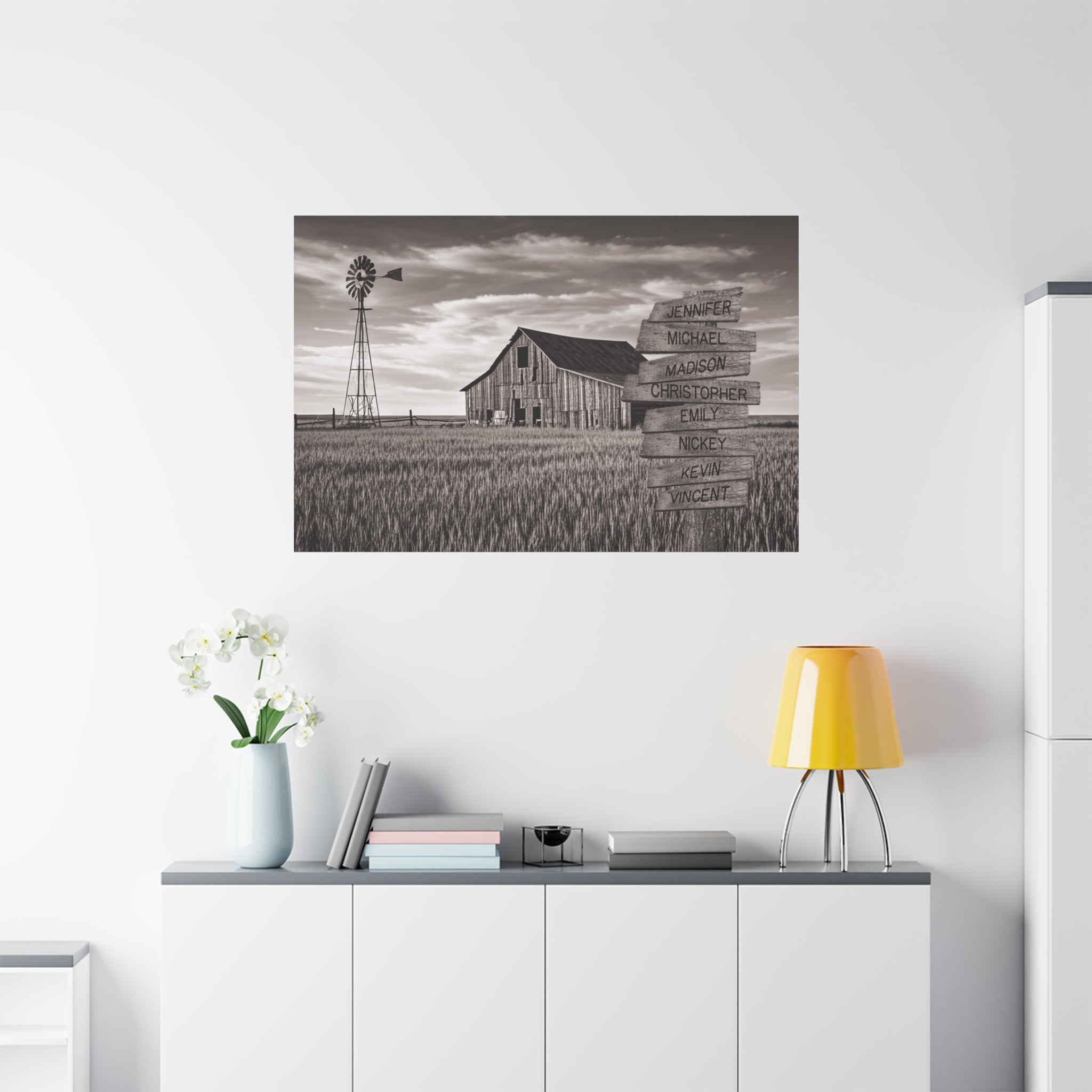 Barn Wheat Field - Multi-Names Premium Custom Canvas Wall Art hanging on wall above shelving. 