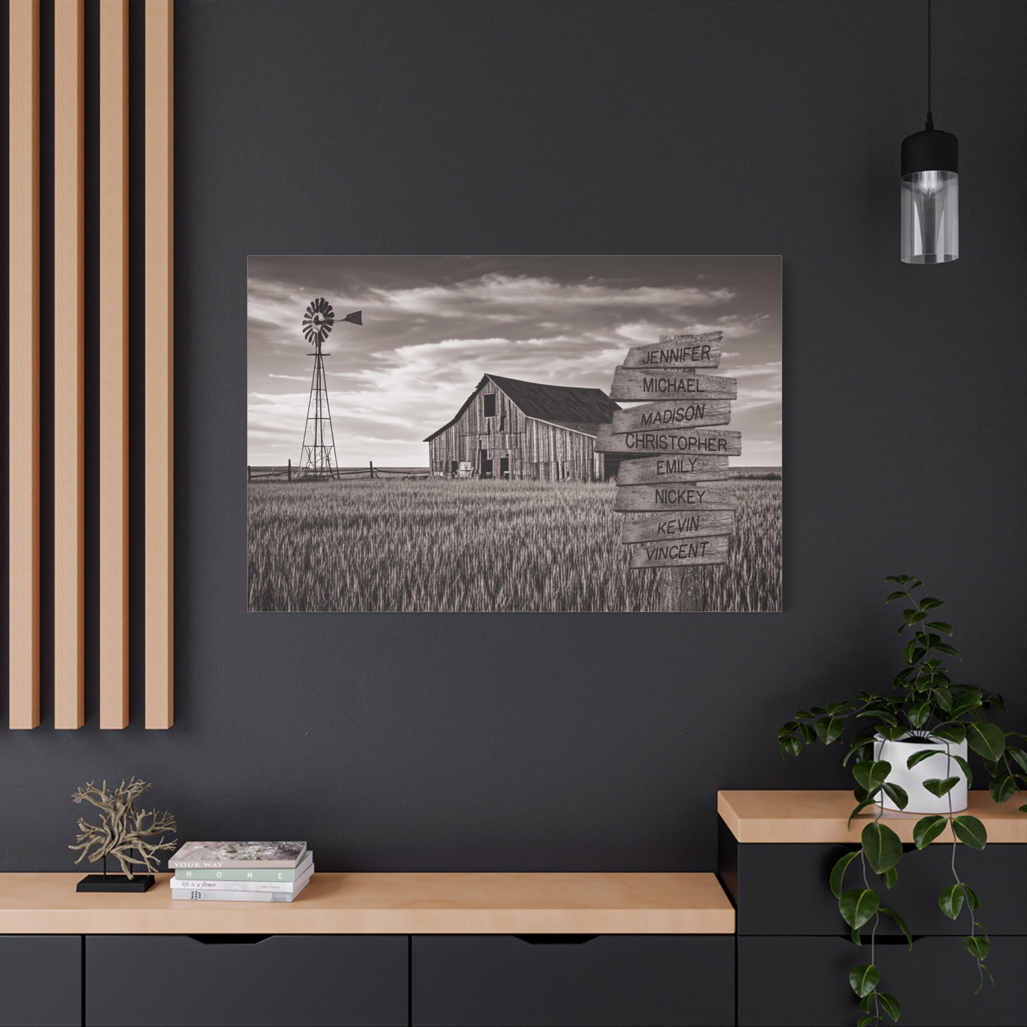 Barn Wheat Field - Multi-Names Premium Custom Canvas Wall Art hanging on black wall above counter. 
