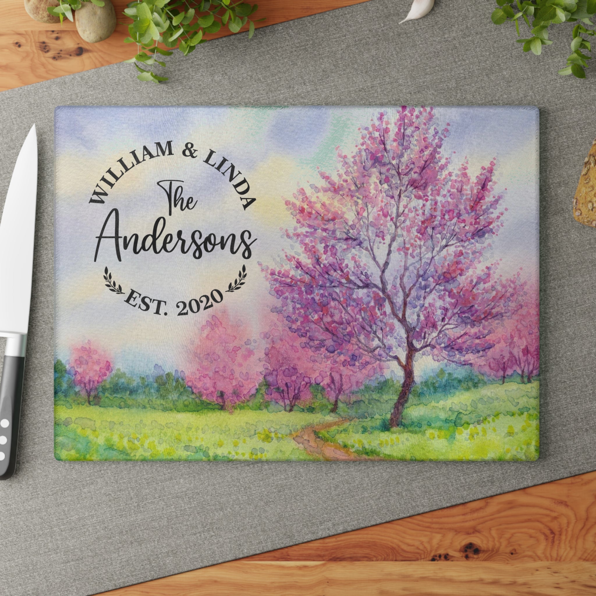 Personalized Cherry Blossom Trees Cutting Board – 20 Custom Designs, Tempered Glass, Housewarming, Wedding & Real Estate Gifts - Available in 2 Sizes: 8x11 & 11x15  - DESIGN 9
