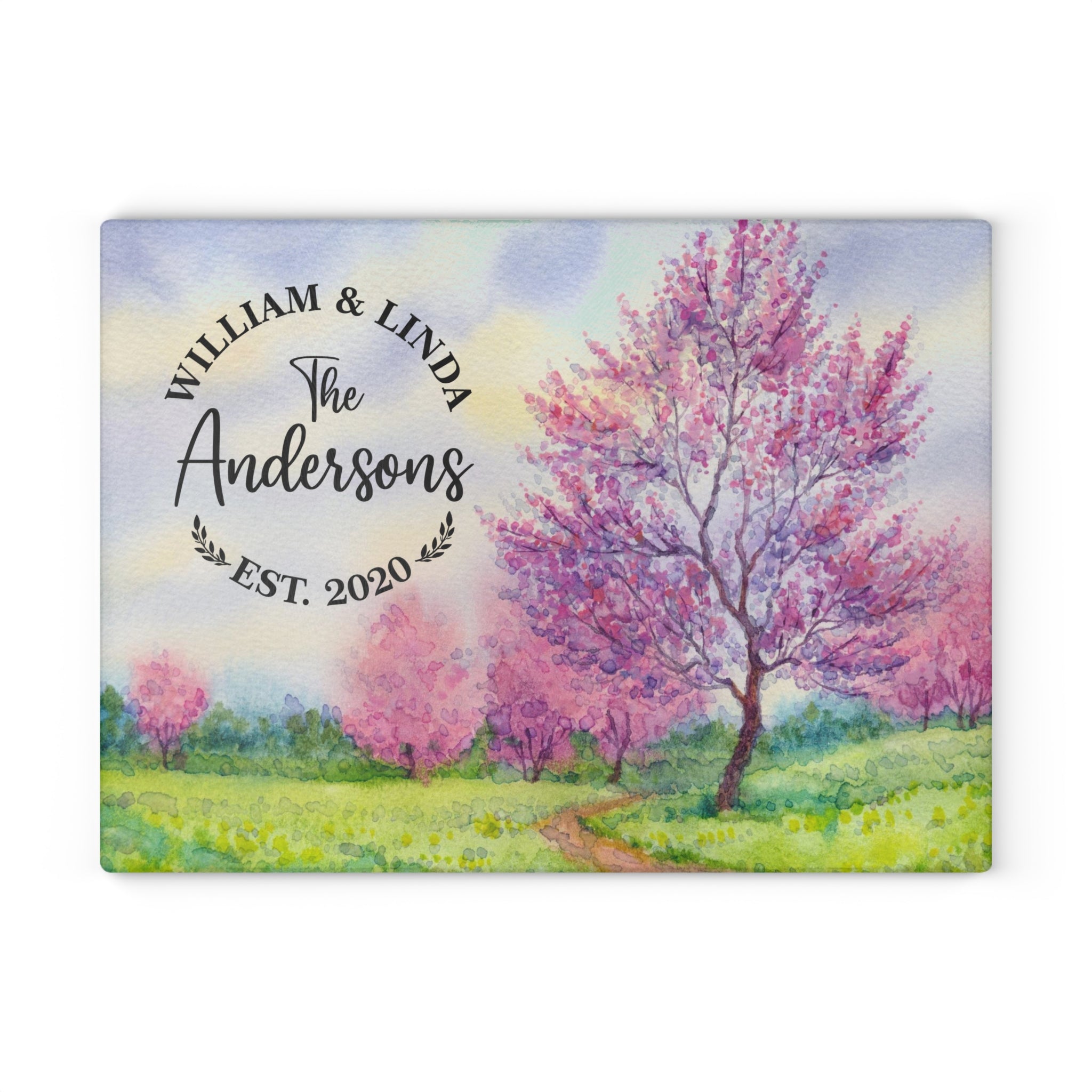 Personalized Cherry Blossom Trees Cutting Board – 20 Custom Designs, Tempered Glass, Housewarming, Wedding & Real Estate Gifts - Available in 2 Sizes: 8x11 & 11x15  - DESIGN 9