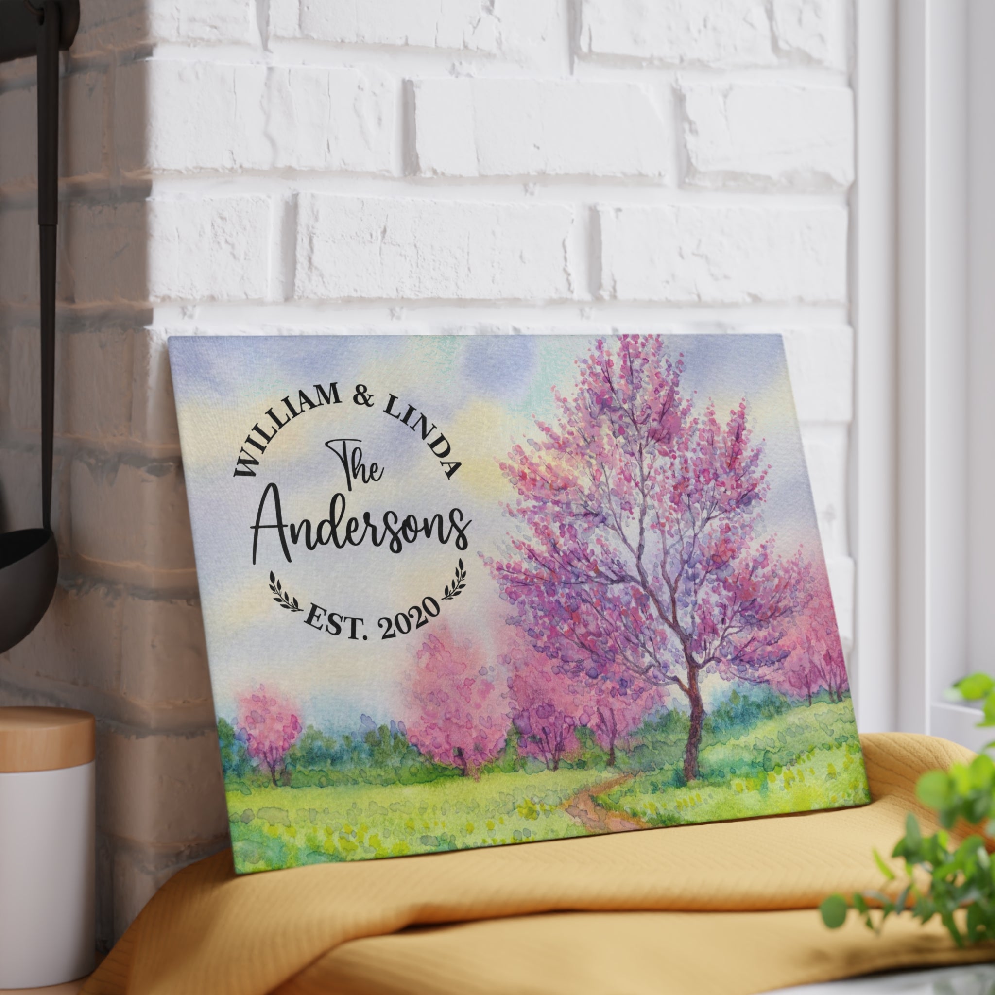 Personalized Cherry Blossom Trees Cutting Board – 20 Custom Designs, Tempered Glass, Housewarming, Wedding & Real Estate Gifts - Available in 2 Sizes: 8x11 & 11x15  - DESIGN 9