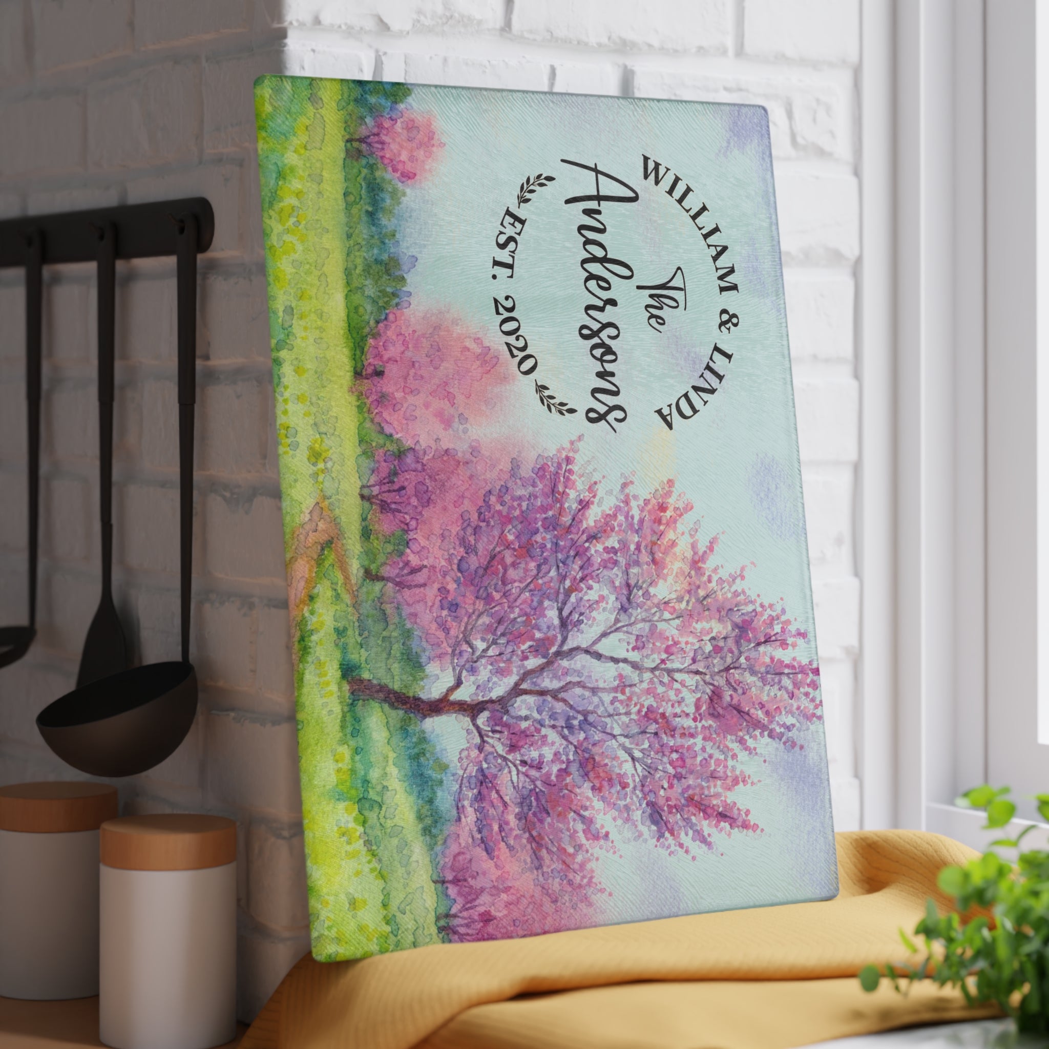 Personalized Cherry Blossom Trees Cutting Board – 20 Custom Designs, Tempered Glass, Housewarming, Wedding & Real Estate Gifts - Available in 2 Sizes: 8x11 & 11x15  - DESIGN 9