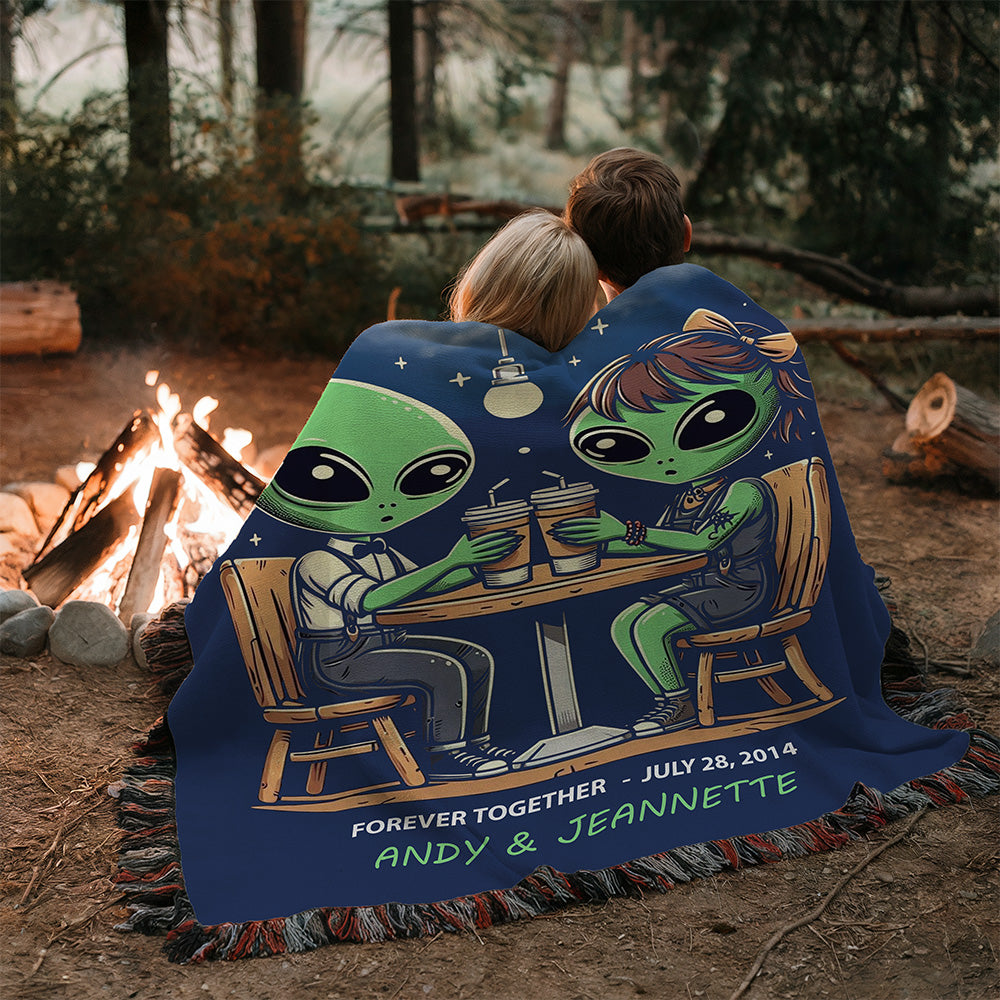 Personalized Alien Couple Coffee Shop Woven Blanket Custom Romantic Gift Throw