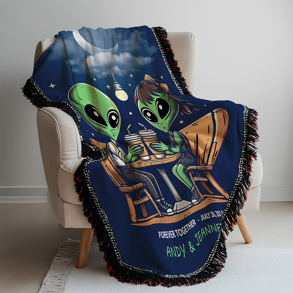 Personalized Alien Couple Coffee Shop Woven Blanket Custom Romantic Gift Throw