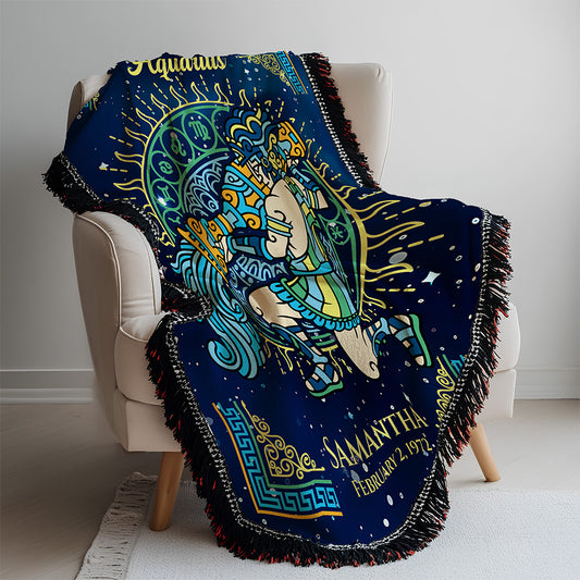Decorative blanket with astrological design draped over a chair.