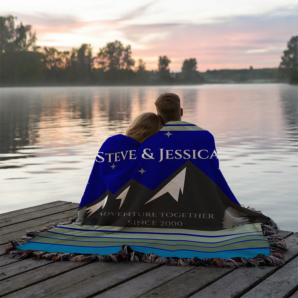 Personalized Mountain Adventure Woven Blanket Custom Couples Camping Gift Throw