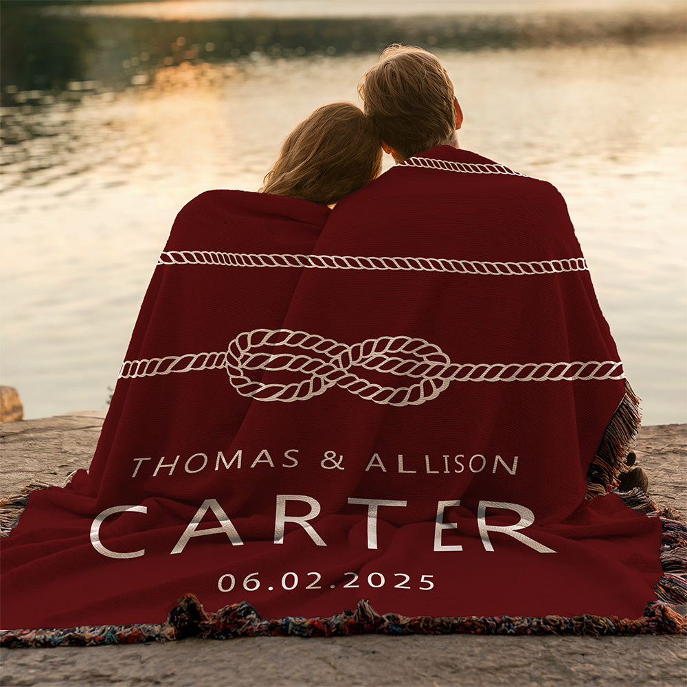 Personalized Nautical Rope Woven Blanket Custom Couple's Names and Date Throw