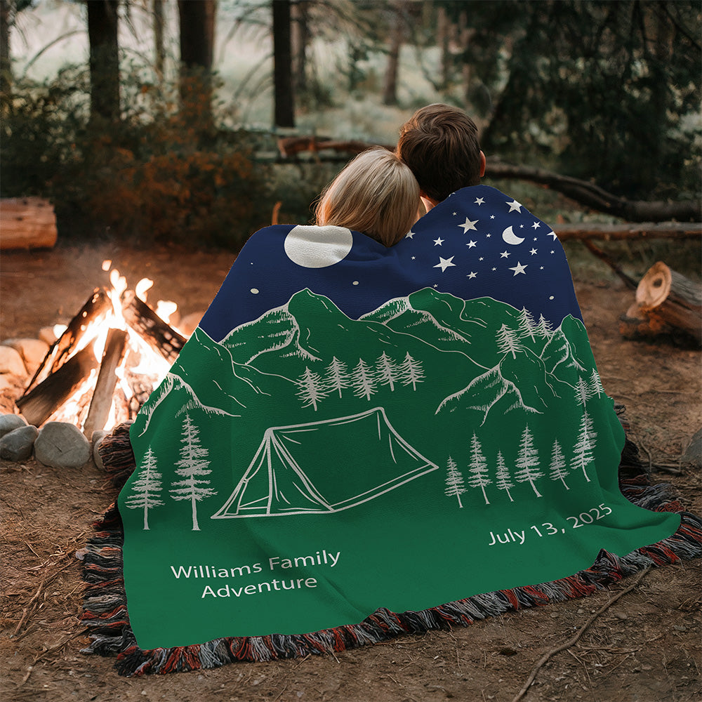 Personalized Camp Night Woven Blanket Custom Tent Camping Gift Throw