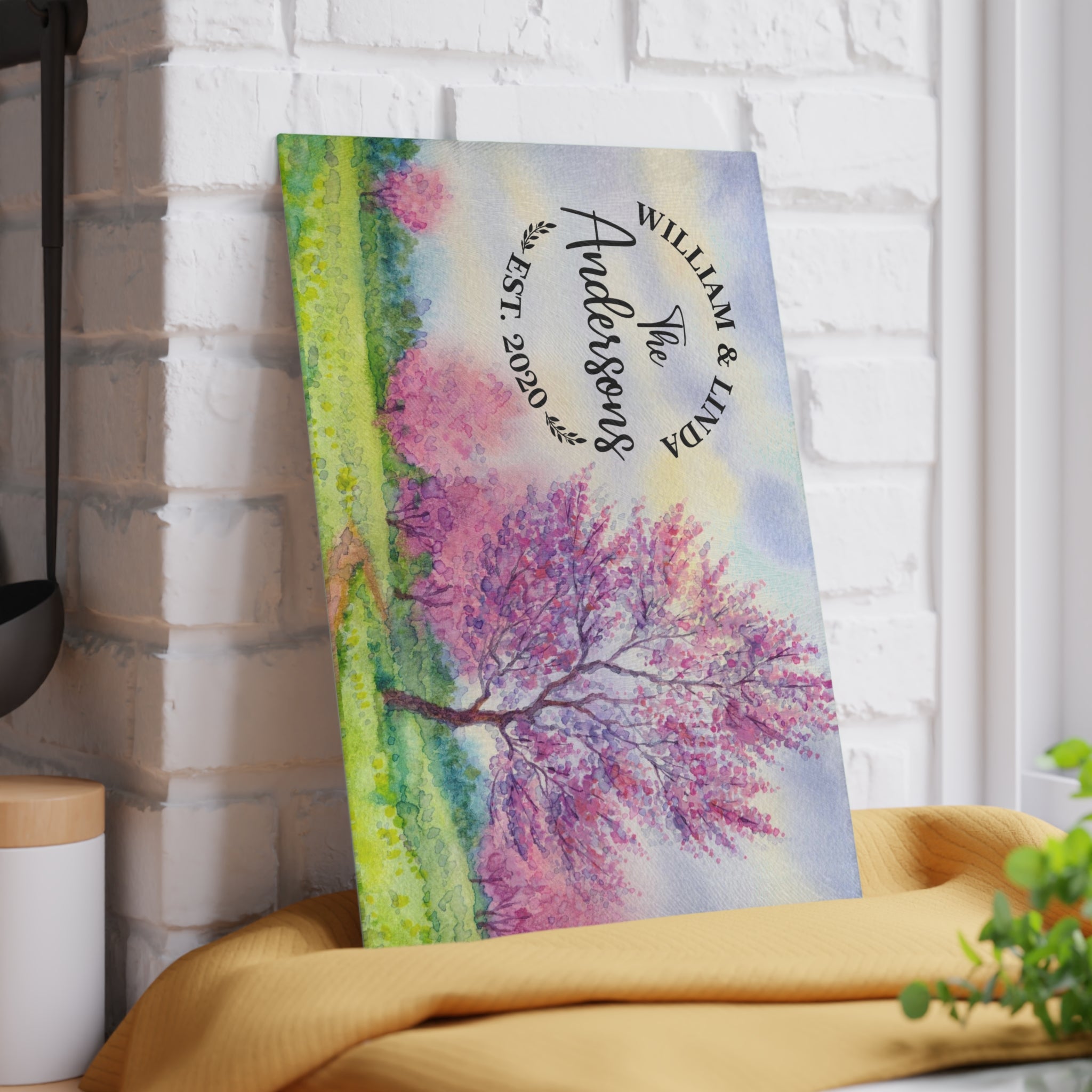 Personalized Cherry Blossom Trees Cutting Board – 20 Custom Designs, Tempered Glass, Housewarming, Wedding & Real Estate Gifts - Available in 2 Sizes: 8x11 & 11x15  - DESIGN 9