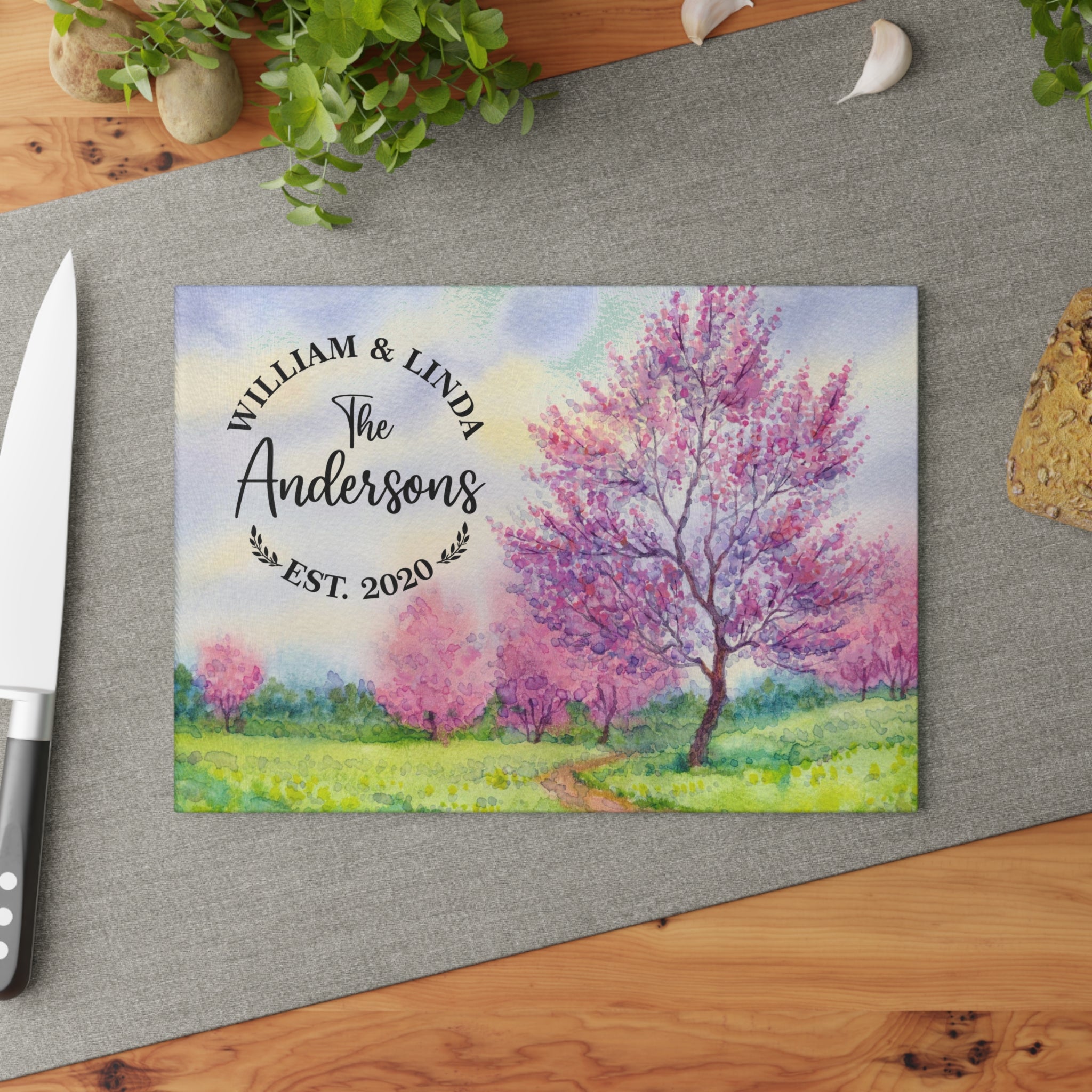 Personalized Cherry Blossom Trees Cutting Board – 20 Custom Designs, Tempered Glass, Housewarming, Wedding & Real Estate Gifts - Available in 2 Sizes: 8x11 & 11x15  - DESIGN 9