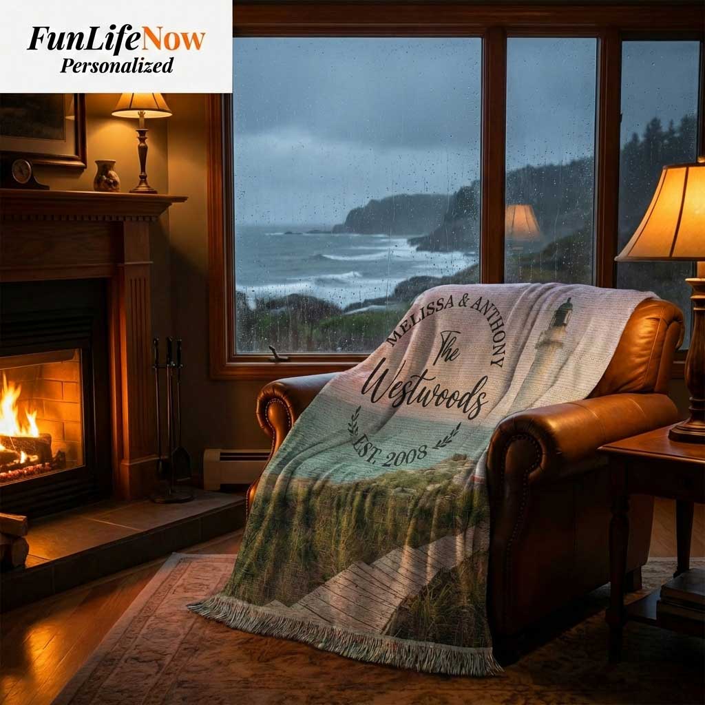 Cozy living room with a personalized blanket featuring 'The Westwoods', custom names and dates woven into blanket.  Blanket available at funlifenow.com