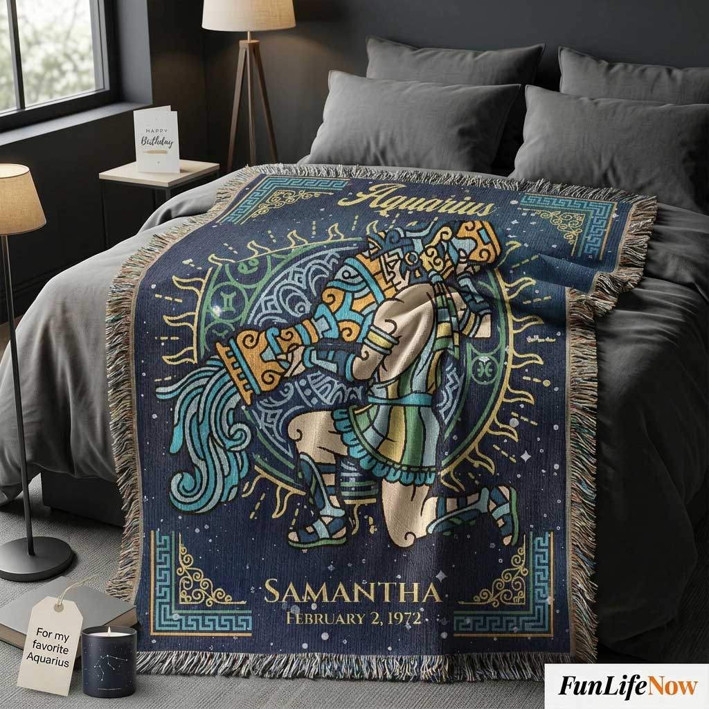 Personalized Aquarius Zodiac Woven Blanket Astrology Gift Custom Throw