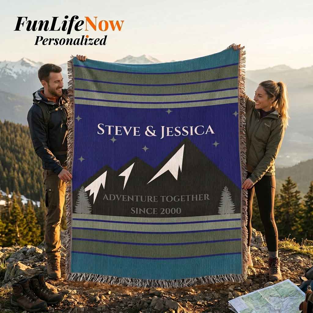 Personalized Mountain Adventure Woven Blanket Custom Couples Camping Gift Throw