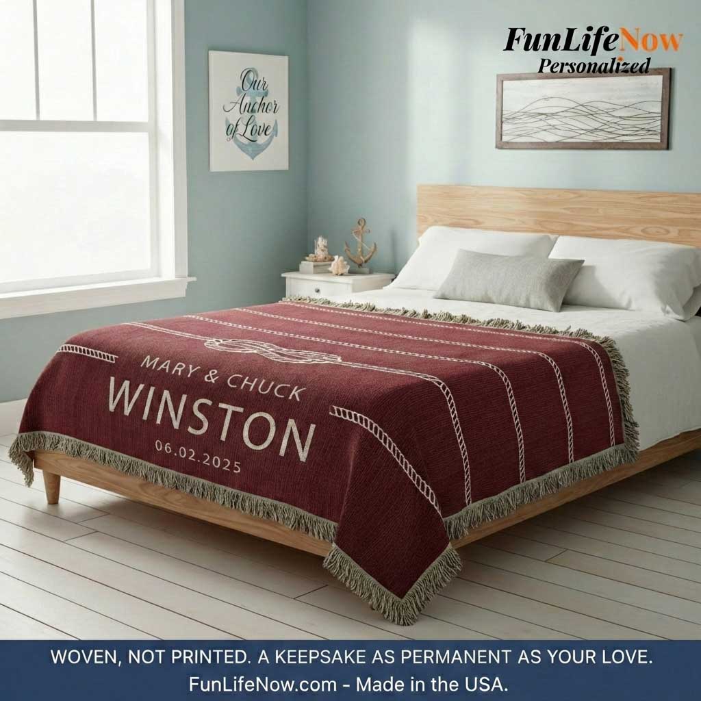 Sailor's Knot Custom Boat Name Blanket - Personalized Woven Marine Throw Gift