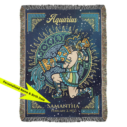 Decorative blanket with Aquarius zodiac design and personalized text on a blue background available at FunLifeNow.com