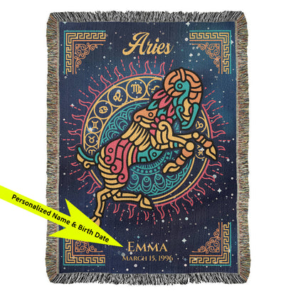 Decorative blanket with Aries zodiac design and personalized text on a blue background available at FunLifeNow.com