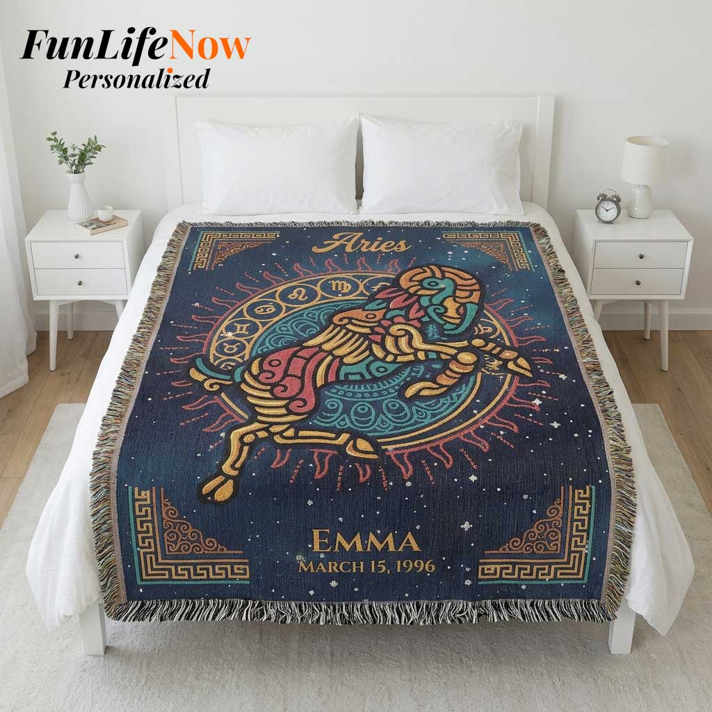 Personalized Aries Zodiac Woven Blanket Astrology Gift Custom Throw