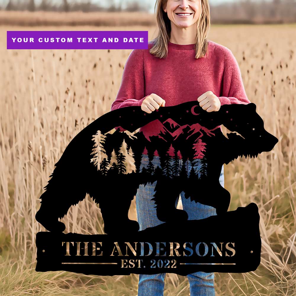 Grizzly Bear Skyline Personalized Metal Custom Wall Art Decor