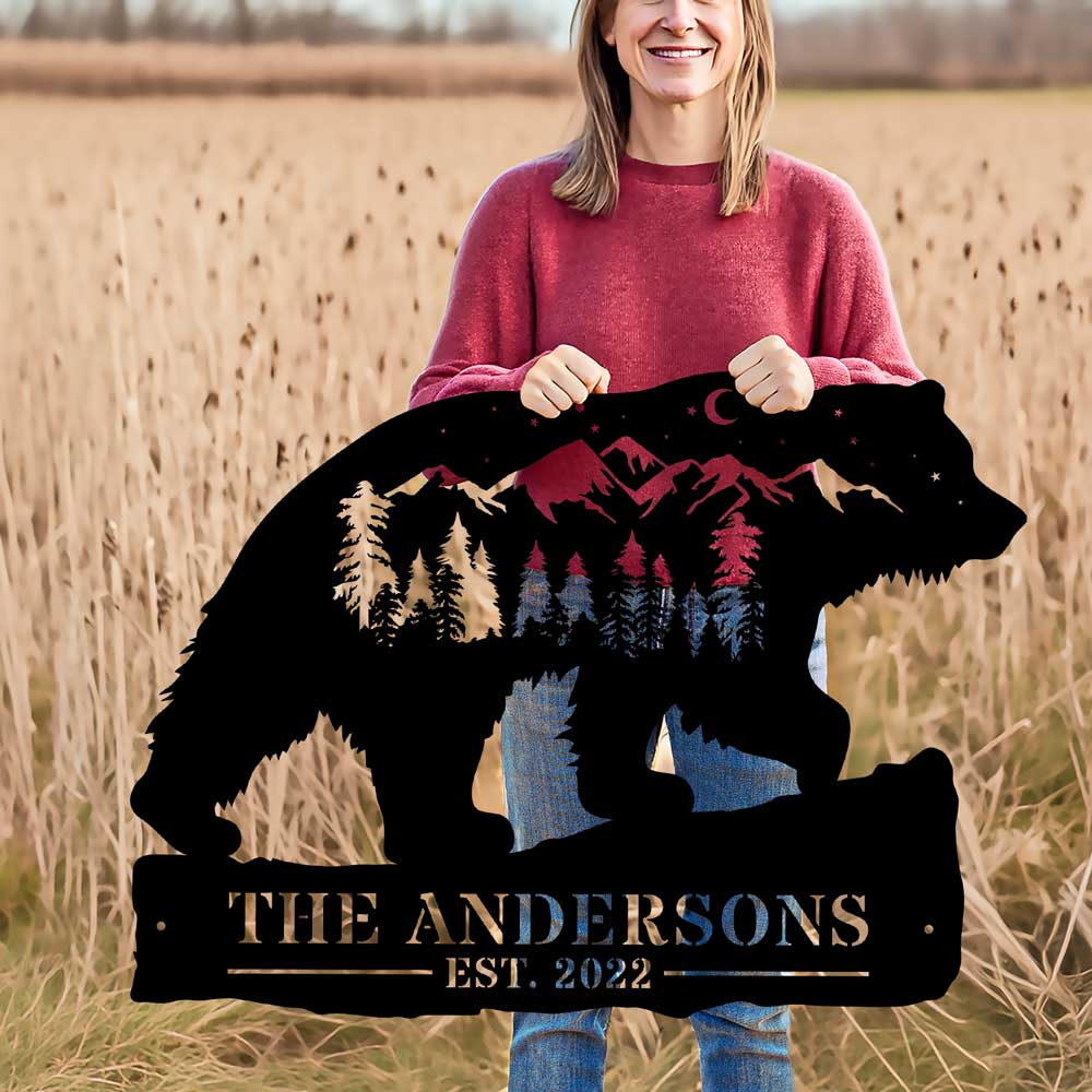 Grizzly Bear Skyline Personalized Metal Custom Wall Art Decor
