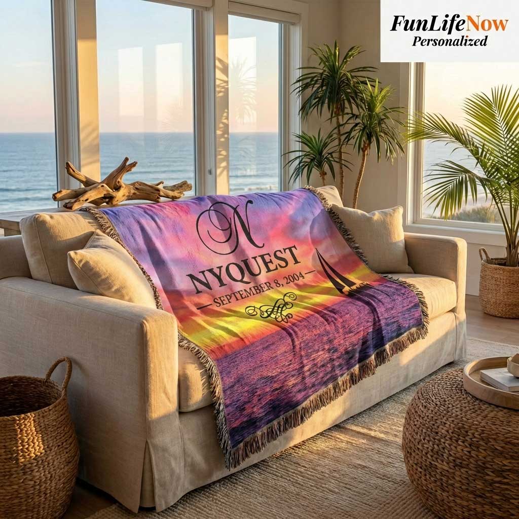 Personalized nautical boating blanket with custom text on a couch in a room with large windows and plants. Custom blanket is available at funlifenow.com