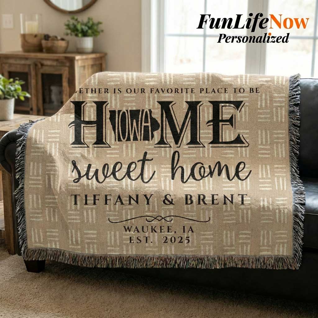 Personalized blanket with 'Home sweet home' text on a couch in a living room setting. Customized blanket available at funlifenow.com