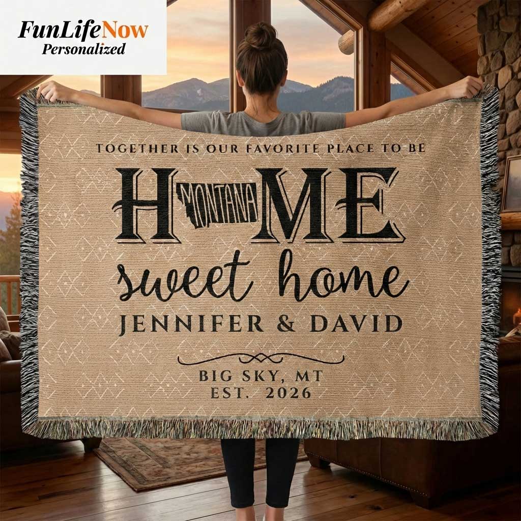 Person holding a Montana 'Home Sweet Home' personalized state blanket with a scenic background available at funlifenow.com