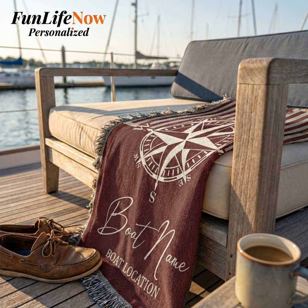 Personalized boat name nautical blanket on a wooden deck with a cup of coffee and shoes. Custom blanket available at funlifenow.com