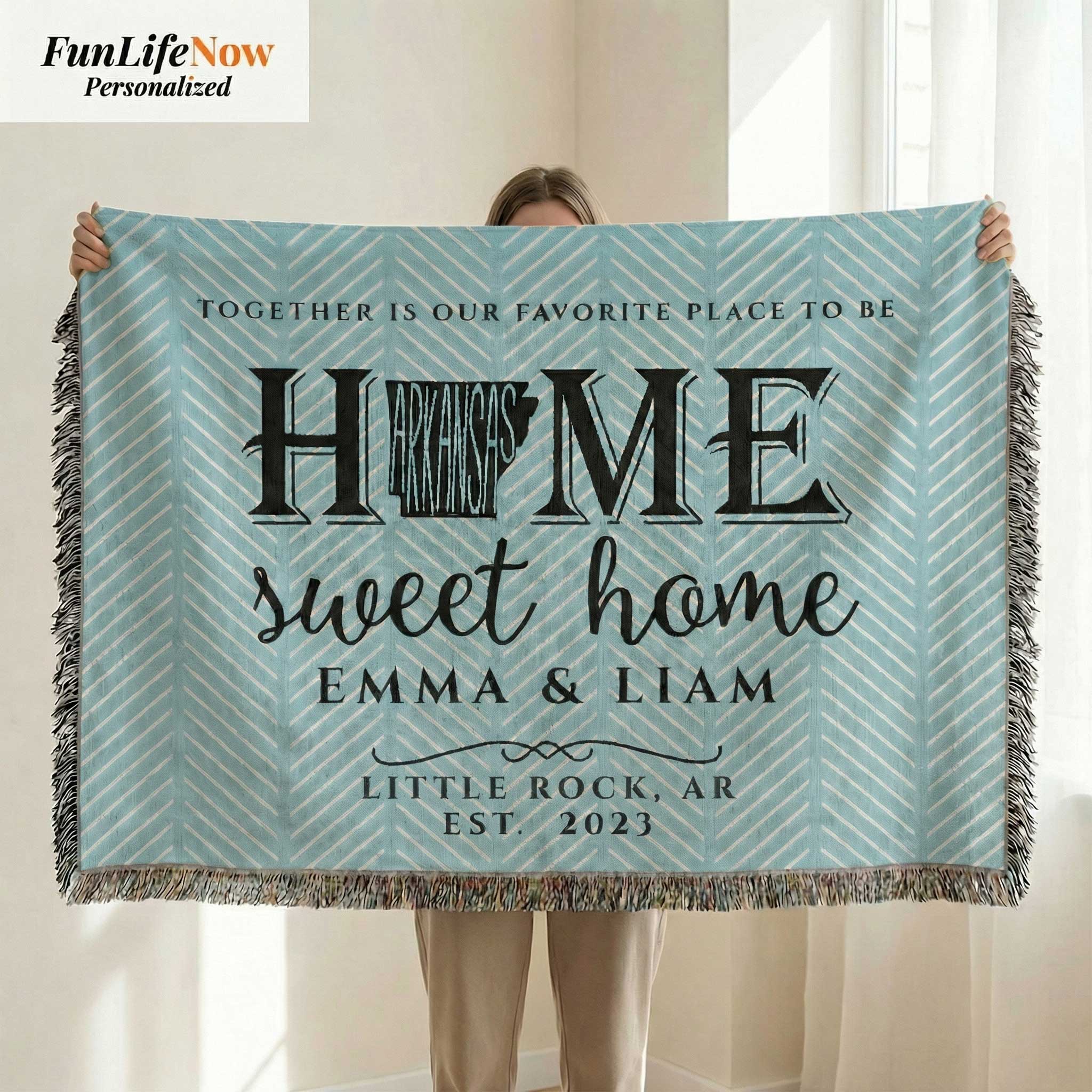 Personalized 'Home Sweet Home' throw blanket on a couch with 'FunLifeNow' branding.