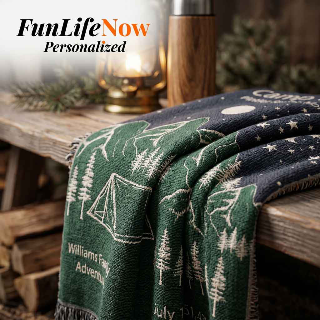 Personalized Camp Night Woven Blanket Custom Tent Camping Gift Throw