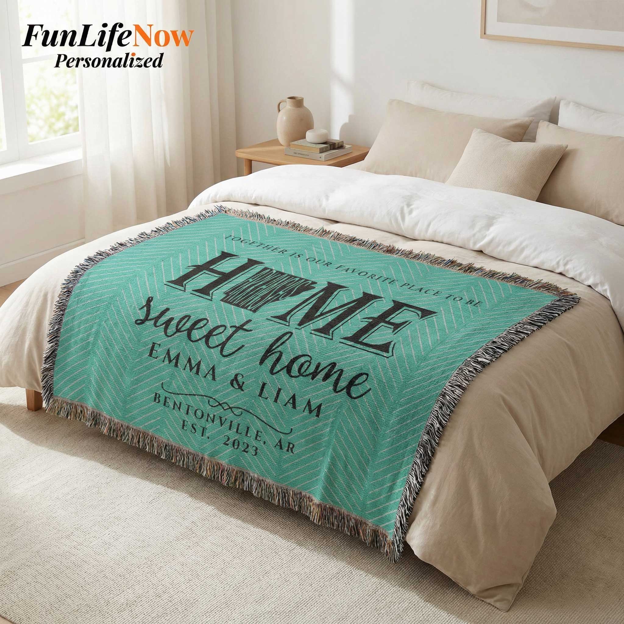 Teal personalized blanket with 'Home sweet home' text on a bed in a bedroom setting