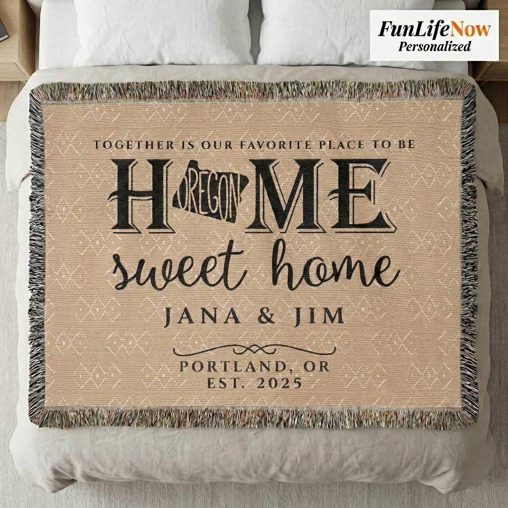 Personalized blanket with 'Home sweet home' text and names on a bed. Customized blanket available from funlifenow.com