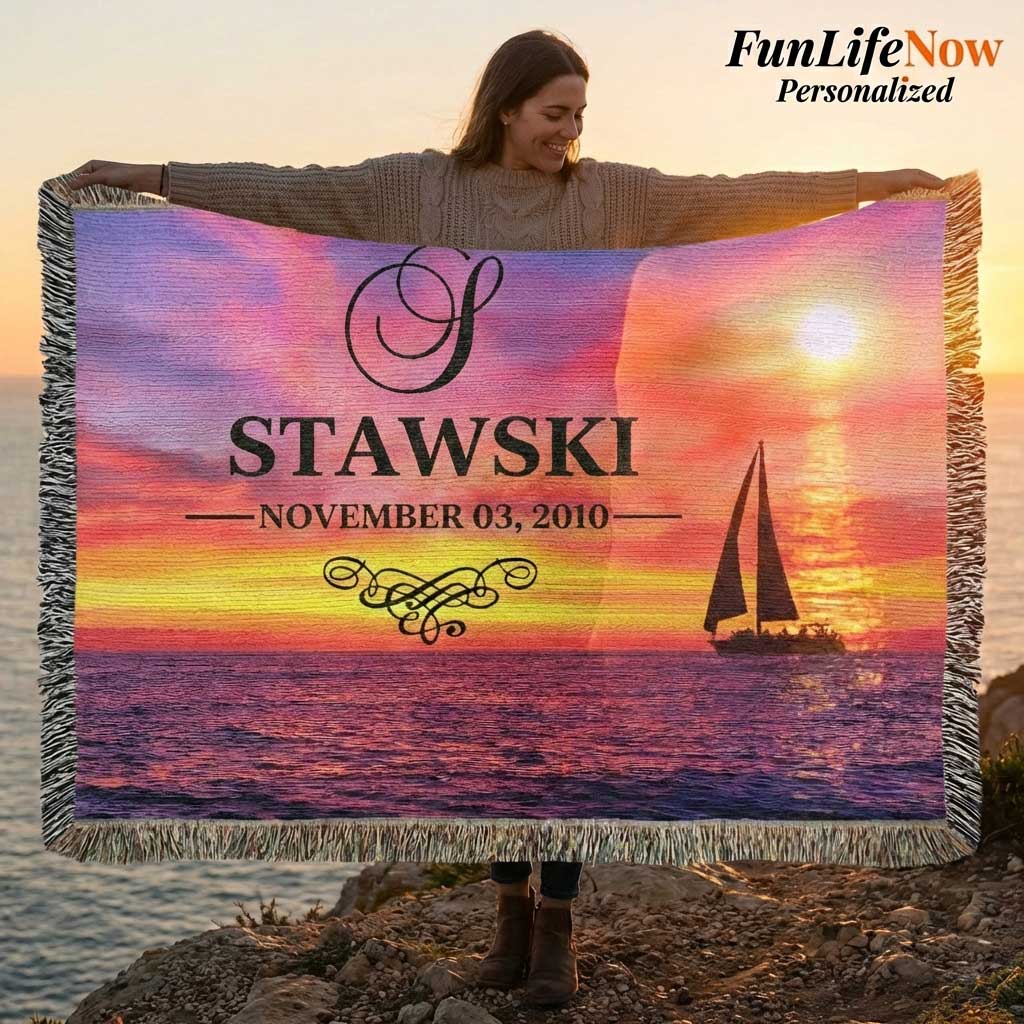 Person holding a personalized blanket with a sunset design and customized last name, monogram and personalized date. Custom blanket is available at funlifenow.com