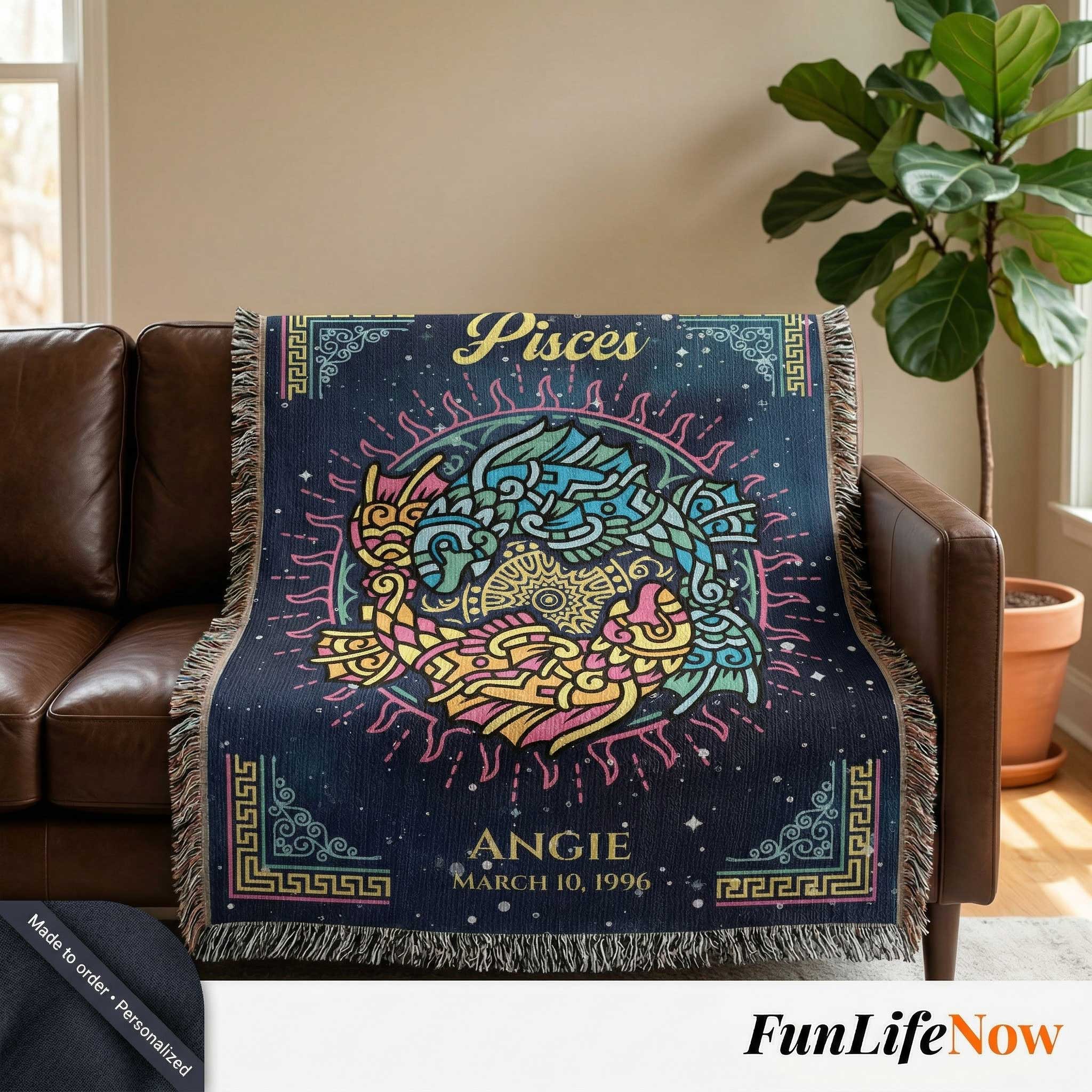 Personalized Pisces Zodiac Woven Blanket Astrology Gift Custom Throw