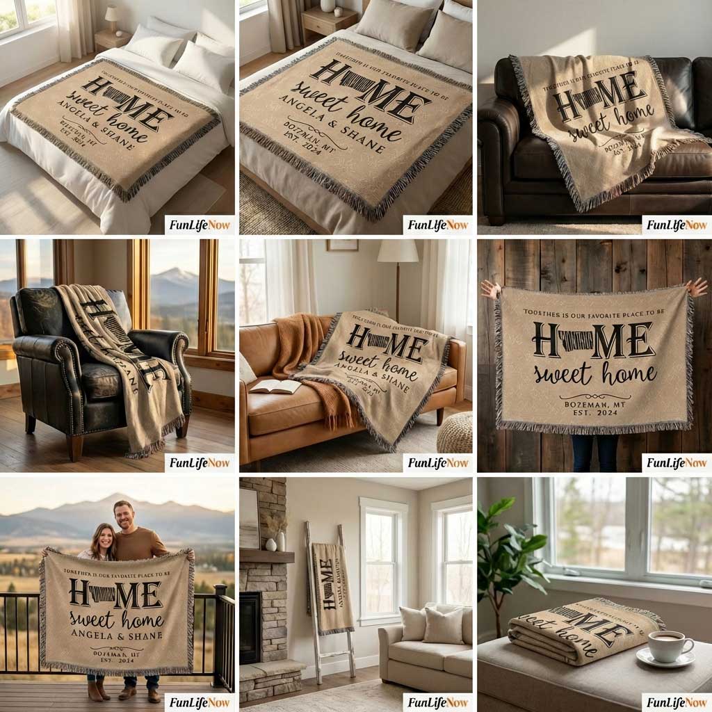 Collage of Montana 'Home Sweet Home' personalized blankets in various settings with people holding it. Blankets available at funlifenow.com