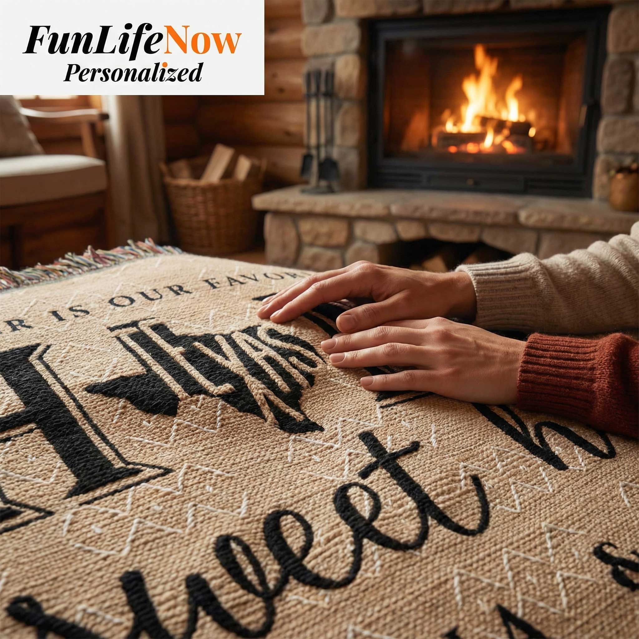 Person touching a personalized 
Texas blanket with a fireplace in the background