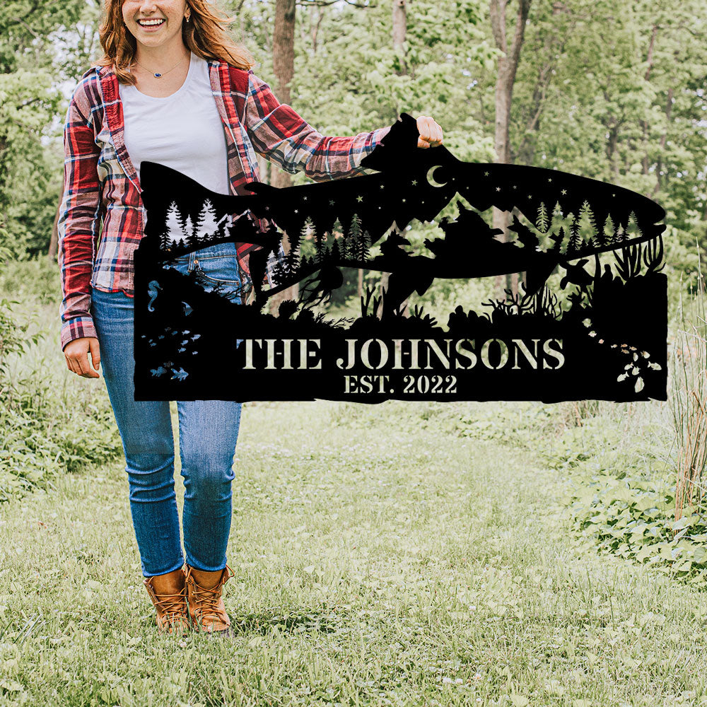 Fish Trout Skyline Personalized Metal Wall Art Sign Outdoor Wall Decor