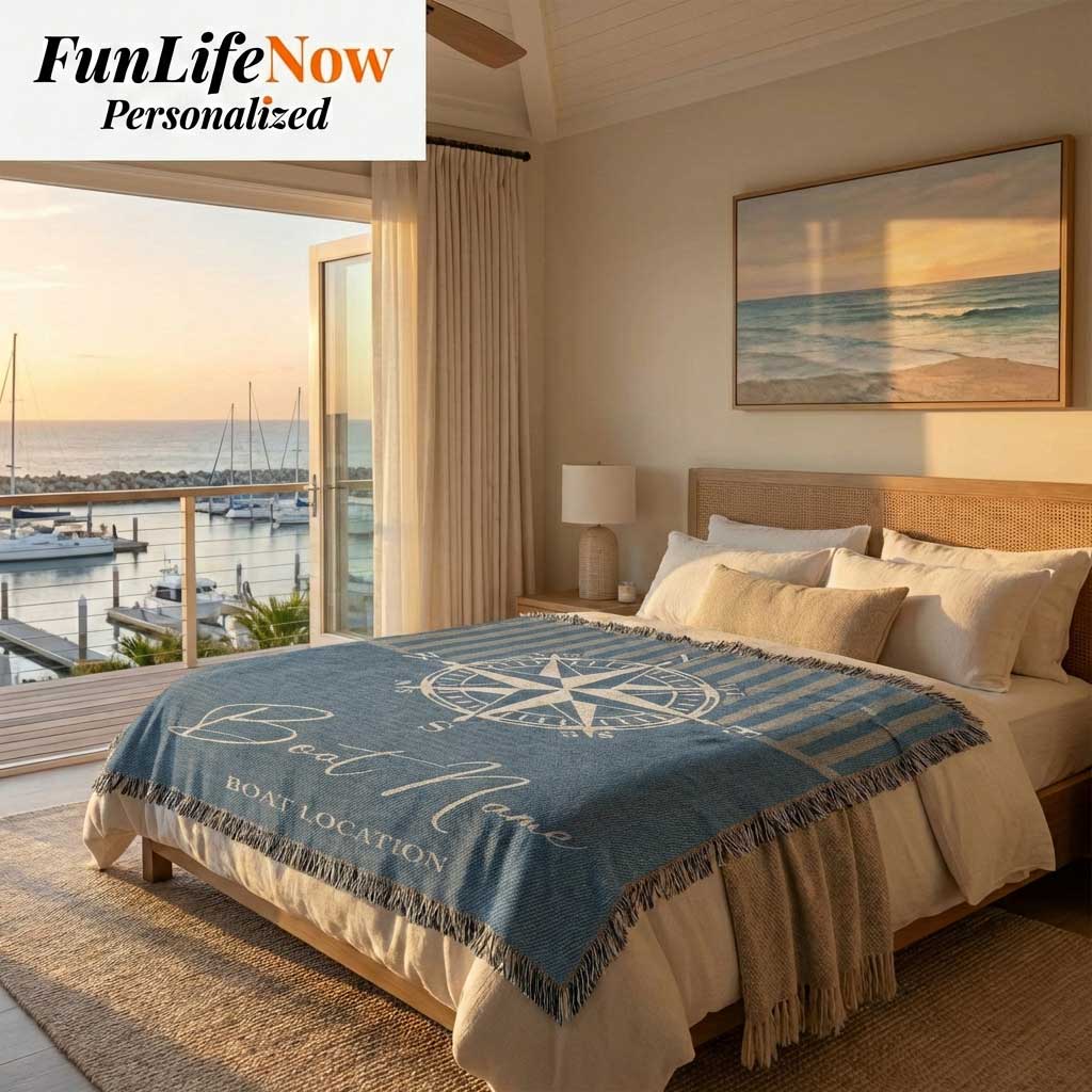 Bedroom with a large bed, personalized nautical decorative blanket, and ocean view. Custom blanket available at funlifenow.com