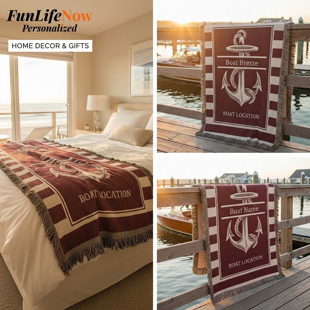 Maroon and beige decorative blanket with anchor design on a bed and by a dock.