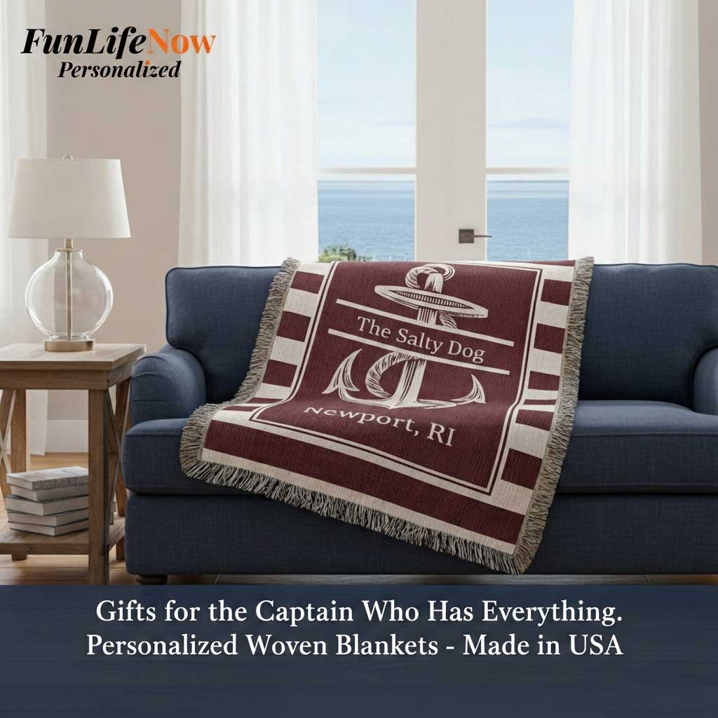 Personalized woven blanket with anchor design on a blue couch in a living room. Custom blanket available at Funlifenow.com